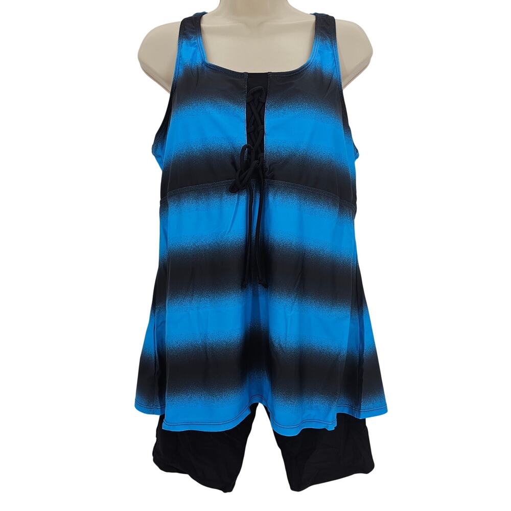 Lalagen Womans size 4XL Two Piece Tankini Boyshorts Swimsuit Blue Stripe NWOT